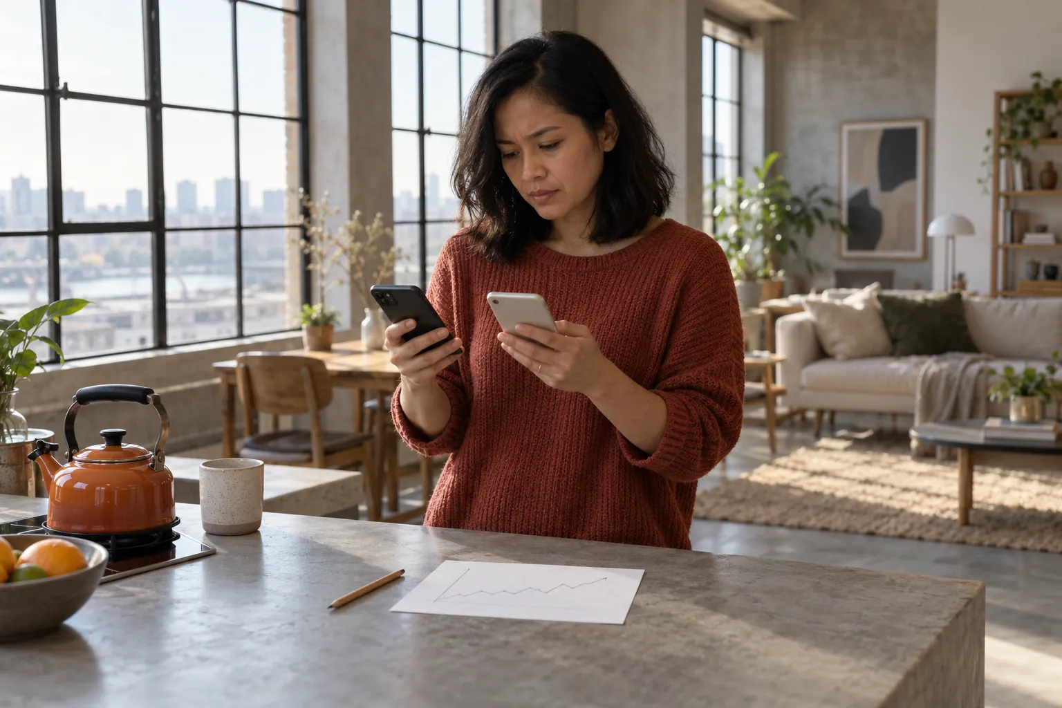 Ein Produktmanager steht an einer Kücheninsel und vergleicht im Morgenlicht zwei Smartphones nebeneinander