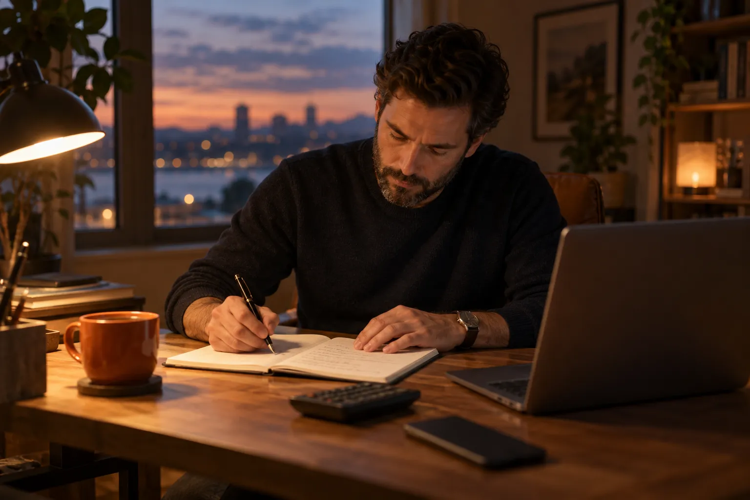 Una profesional de marketing en un escritorio de oficina en casa iluminado por una lámpara, escribiendo en un cuaderno junto a una calculadora y un portátil cerrado