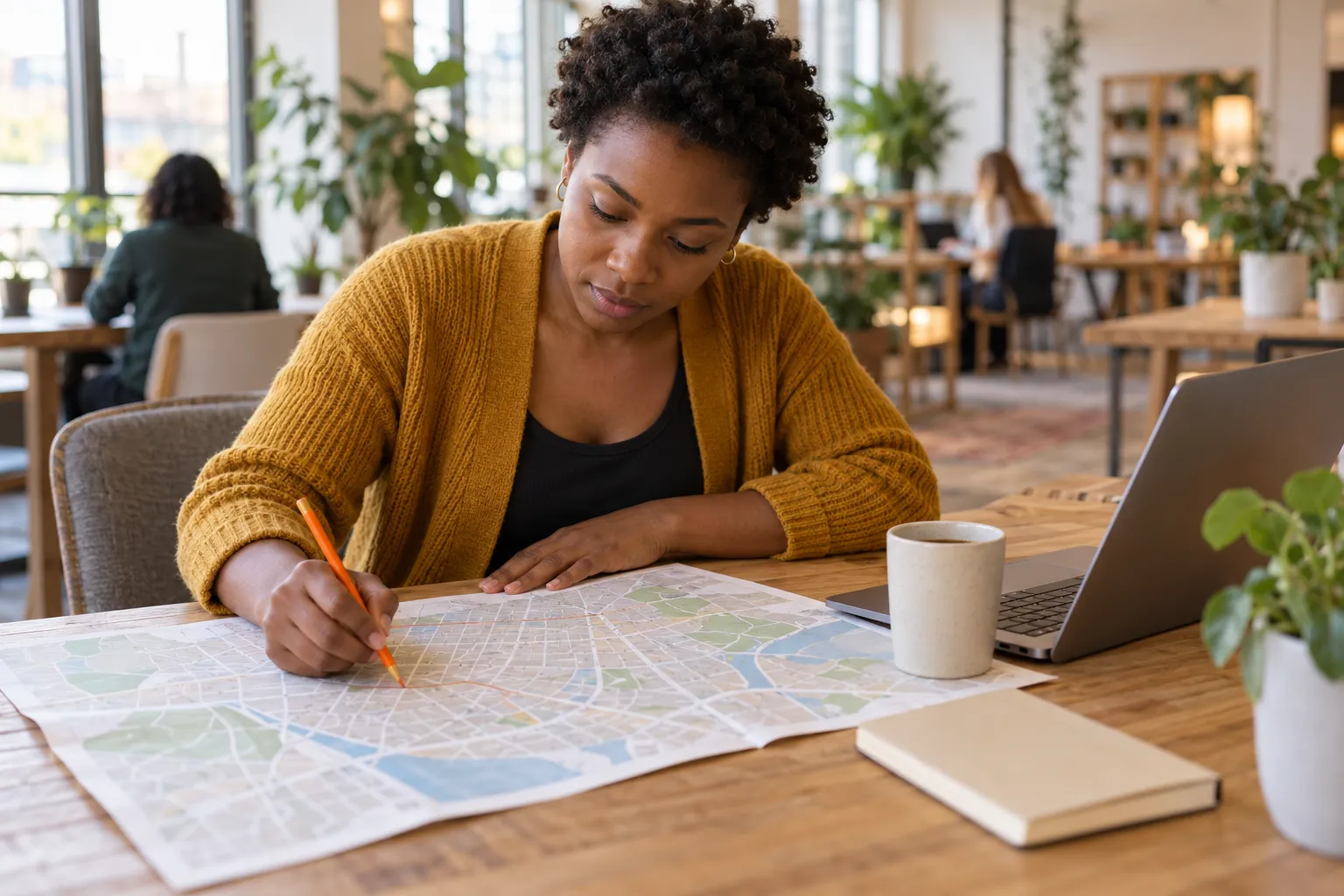 Freelance web designer marking streets on a paper city map next to her laptop in a bright co-working space