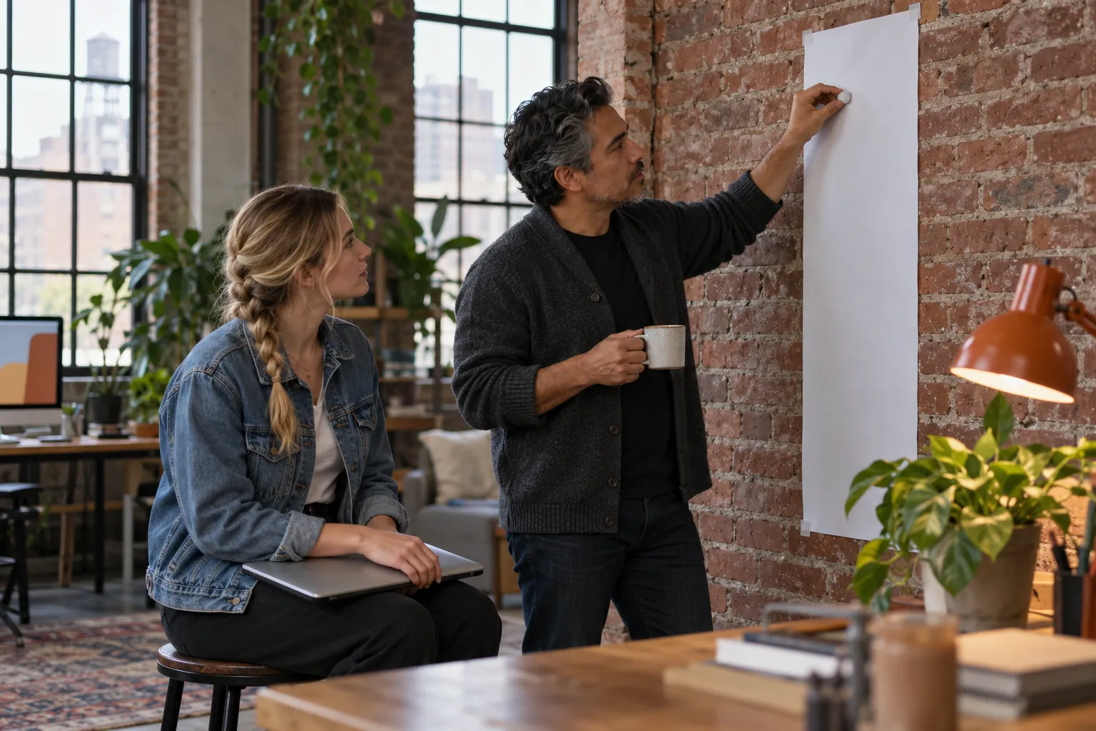 An SEO consultant moving a blank magnet up a paper strip on a brick office wall while a colleague watches