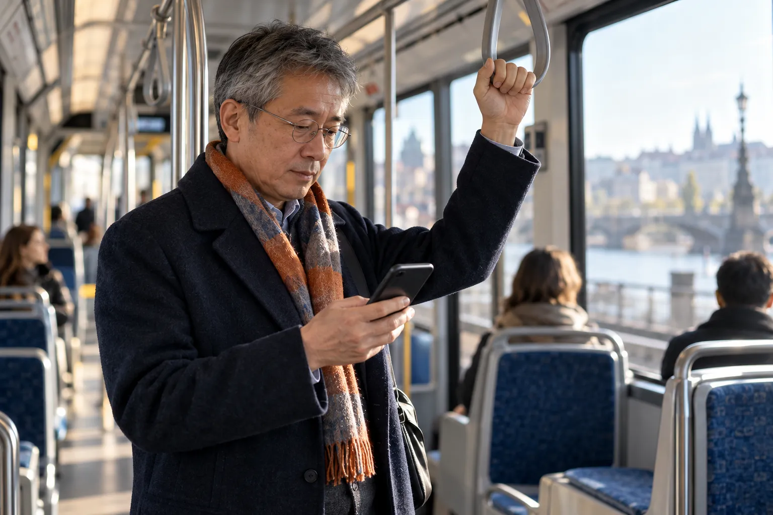 Un voyageur dans un tramway lumineux utilisant un smartphone d'une main, le pouce tendu sur l'écran