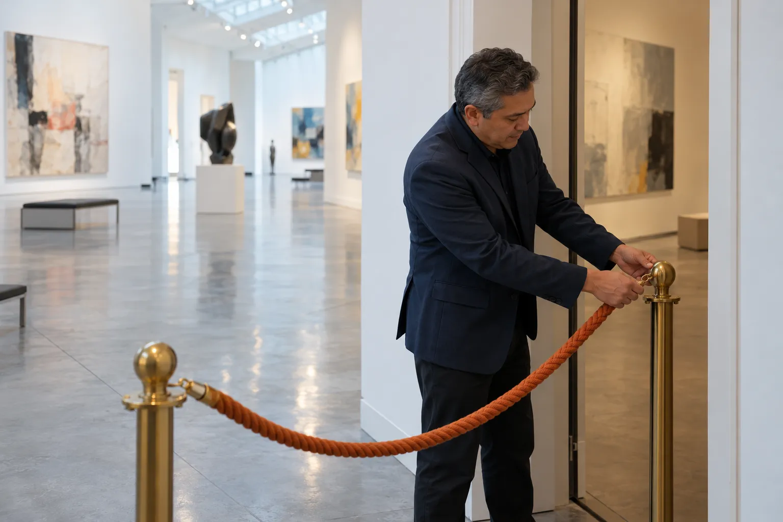 Ein Museumsmitarbeiter hängt vor der Öffnung ein Seil zwischen Messingpfosten vor einen Galerieeingang