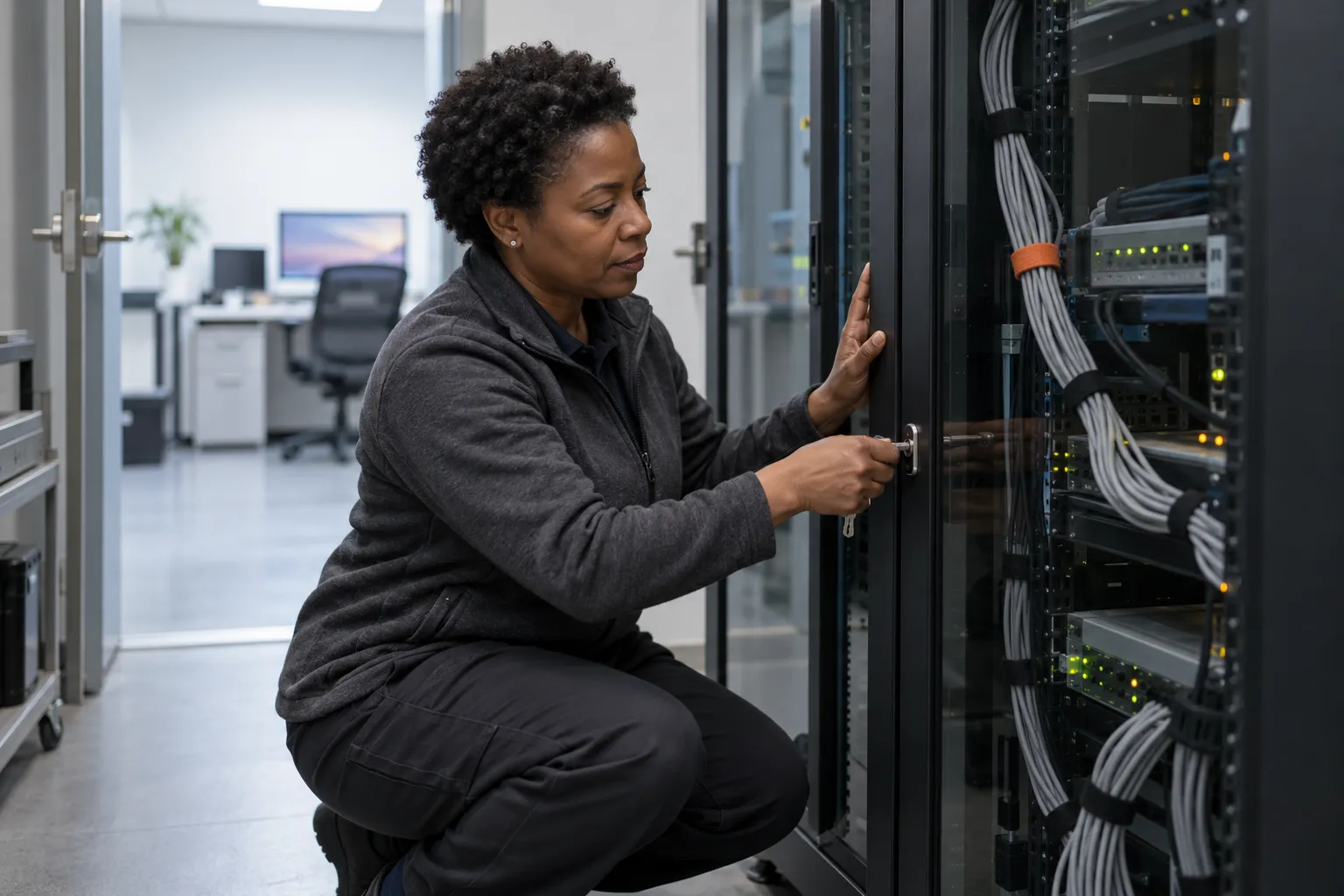 Ein IT-Techniker verschließt die Glastür eines Netzwerkschranks in einem kleinen Serverraum